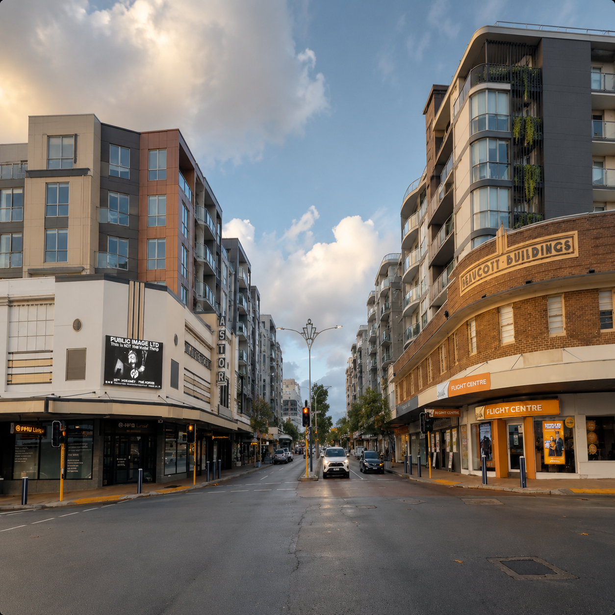 Artist's impression of six-storey apartment development rising behind the State-protected Astor Theatre and Beaucott Buildings on Beaufort Street, Mount Lawley.